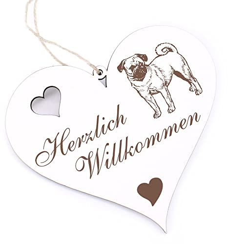 Herzlich Willkommen Schild - Mops - Deko Herz Holz Willkommensschild Türschild Dekoschild Türdeko