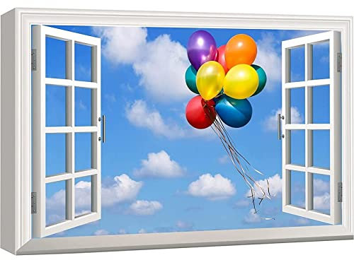 3D finta finestra parete decorazione palloncini colorati che volano nel cielo blu GICLEE Canvas Prints Wall Art per Nursery Kid Room Decor 60x80cm innerframe
