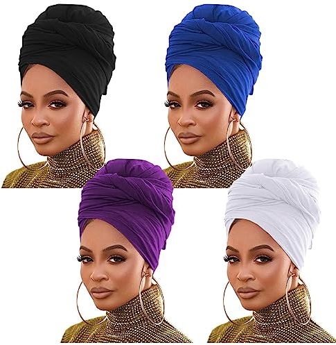 Pesonlook 4 Stück Stretch-Jersey-Turban-Kopfwickel, gestrickt, Kopfwickel, urbaner Haarschal, einfarbig, u1tra, weich, extra lang, atmungsaktiv, Kopfband, Krawatte für Frauen (schwarz/weiß/blau/lila)