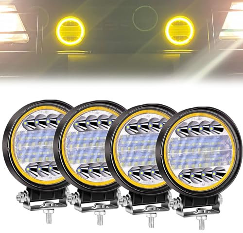NWpangu Phare de Travail LED, 4,5 Pouces Projecteur LED avec Jaune Angel Eyes 12V 24V Etanche Feux Antibrouillard pour 4x4 Voiture Camion Tracteur SUV, 4PCS