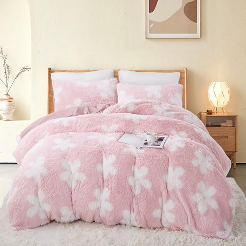 Nyescasa Plüsch Bettwäsche 135x200 Winter Flauschig Warme Flanell Biber Wendebettwäsche Langhaar Flausch Fleece Deckenbezug Rosa Blume Mädchen 2 Bettbezug mit Reißverschluss und 2 Kissenbezug 80x80cm