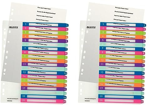 Leitz Register für A4, PC-beschriftbares Deckblatt und 20 Trennblätter, Taben mit Zahlenaufdruck 1-20, Überbreite, Mehrfarbig, Polypropylen, WOW, 12450000 (Packung mit 2)
