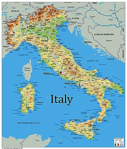 The Oxford Collection Physische Karte von Italien, Größe 84,1 x 71,6 cm, laminiertes Papier