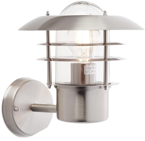 Lightbox stehende Außen Wandlampe - moderne Outdoor Wandleuchte mit 25 cm Höhe - Ø 22 cm - spritzwassergeschützt (IP44) - E27, max. 40 W - aus Metall/Glas - in EdelStahl