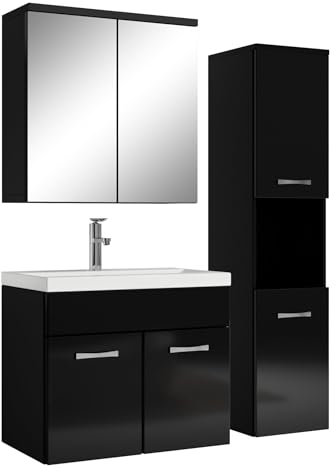 Badezimmer Badmöbel Set Montreal mit Spiegelschrank 60cm Waschbecken Hochglanz Schwarz - Unterschrank Hochschrank Waschtisch Möbel
