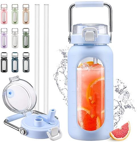 HYDRAGLAZIC 1900ML Glastrinkflasche mit Strohhalm und Edelstahlgriff, Wasserflasche glas mit Silikonhülle und Zeitmarker, Berwachung Ihrer täglichen Trinkflasche 2 liter, Hellblau