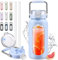 HYDRAGLAZIC 2L Verre Gourde avec paille et marqueur de temps Motivationnel Bouteille avec manchon en silicone Large bouche Borosilicate Cruche d'eau Sans BPA Anti-fuite, Bleu clair