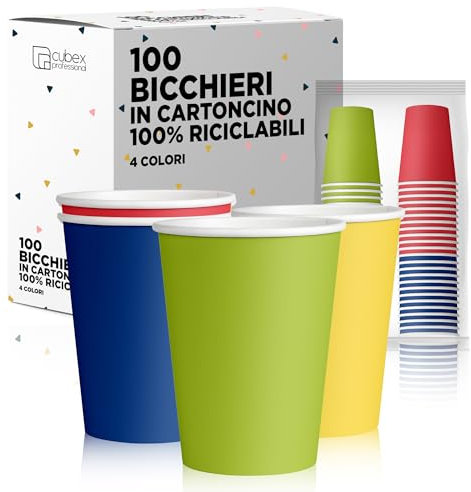 cubex professional Bicchieri in Carta 200ml Biodegradabili Ed Ecologici Monouso, Per Asporto Bevande Calde E Fredde, Colorati E Made in Italy (100 Bicchieri, Mix 4 Colori)