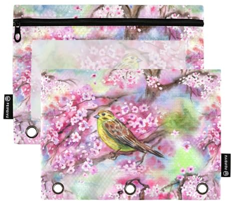 Wudan Blühender gelber Vogel auf Ast, Aquarell-3-Ring-Bleistiftbeutel, 2 Stück, recycelt, recycelt, Kosmetiktasche, Federmäppchen, Aufbewahrungsbehälter, Bürozubehör