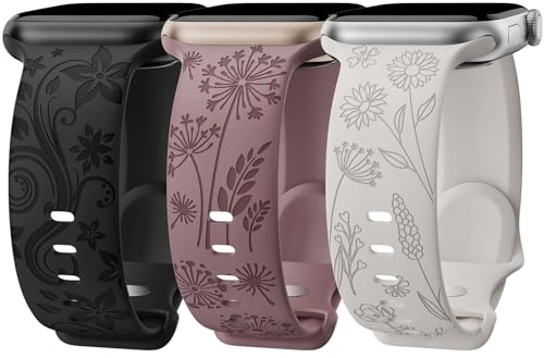 3 Stück Floral Gravierte Silikon Armband Kompatibel mit Apple Watch Armband 41mm 40mm 38mm iWatch Serie 9 Ultra SE 8 7 6 5 4 3 2 1 für Damen, B38
