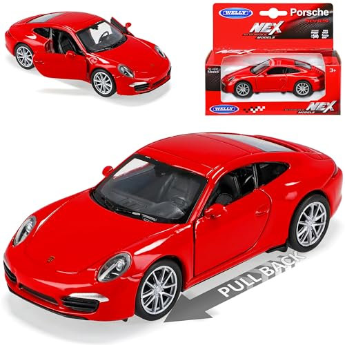 Welly Porsche 911 991 Carrera S Rot Coupe 2011-2019 mit Rückzugsmotor ca 1/43 1/36-1/46 Modell Auto mit individiuellem Wunschkennzeichen