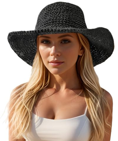 Askljeby Floppy Big Beach Straw Hats for Women Foldable Summer Wide Brim Packable Oversized Sun Hat Womens Travel Straw Fedora Hat, Black-4, 7 1/8/7 1/4