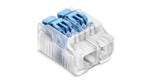 SIMET Verbindungs-Klemmen mit Hebel für Draht (0,2...4 mm²), 2 - Leiter, Packung mit 10 Stück, Farbe transparent/blau, Schnellverschluss zum Öffnen, zum Anschluss von elektrischen Leitern