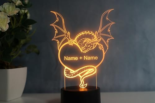 Optechvisual Personalisierte Pärchen Drachen Lampe mit Herzform Geschenk Idee für Drachenliebhaber
