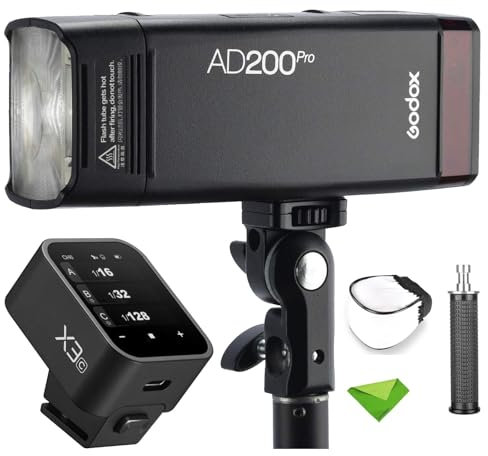 GODOX AD200 Pro AD200Pro+X3-C Trigger, 200Ws 2.4G Flash Strobe, 1/8000 HSS, 500 Full Power Flashes, 0.01-1.8s Recycling, 2900mAh Battery, Bare Bulb/Speedlite Fresnel Flash Head Pocket Flash Monolight