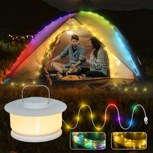 Ciskotu Camping Lichterkette Aufrollbar, 2-IN-1 10M Wasserdichte Tragbare Verstaubare Camping Lichterkette, 8+1 Modi USB Ladung Sternstimme Lichterkette Aufrollbar Außen Camping String Light