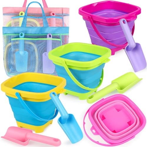 Lot de 4 seaux de plage pliables pour enfants, avec sac de plage en maille, seau à sable en silicone pour tout-petits, jouets de plage, chasse aux œufs de Pâques, camping, voyage, pêche