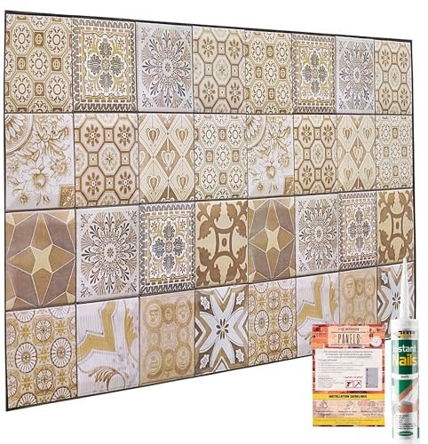 NOVECRAFTO Mediterranean Design 3D Wall Panels - 4 Sheets 19.84 sqft (1.84 sqm) Decorative PVC Plastic Cladding Panel Size 37.79 x 18.89 in (96x48 cm) – Brown & Beige Mediterranean Tile Pattern