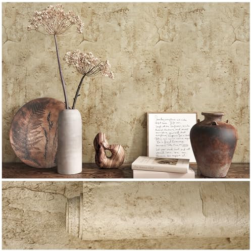 VEELIKE Aged Tan Concrete Wallpaper Peel and Stick Textured Distressed Concrete Look Wallpaper for Bedroom Living Room Bathroom Industrial Concrete Contact Paper Removable Waterproof 40cmx300cm