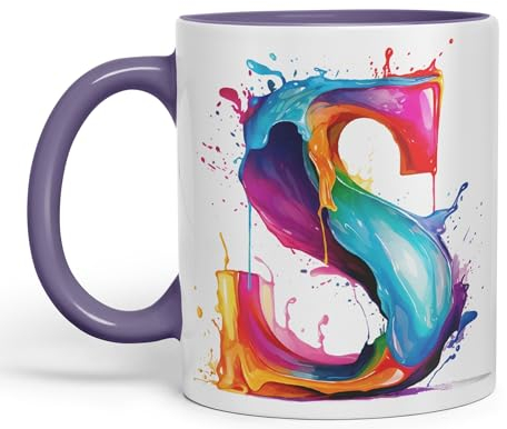 Vixar Letter S Mug, Alphabet Letter S Monogram Watercolour Ceramic Coloured Mug Cup for Tea Coffee Hot Brew 330ml 11Oz Gift (Purple)