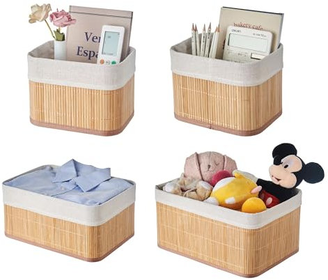 Eden & Willow Set of 4 Storage Shelf Baskets with Lining, Stackable Bamboo Storage Divider Boxes for Closet Drawer & Cupboards | Organiser Bins for Cupboards (Set of 4 - Square)