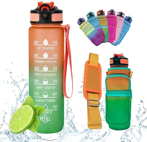 Botella de Agua Gimnasio, Botella de Agua 1L Con Pajita, Botella de Agua Deportiva Con Funda, Sin BPA, Botella de Agua Para Deporte, Botella de Agua Motivacional, Botella Agua Medidas Motivadoras.