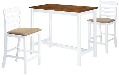 LAPOOH Bartisch mit Stühlen 3-TLG. Massivholz Braun und Weiß, Bistrotisch, Stehtisch, Empfangstheke, Bistro Stehtisch, Beistelltisch, Konsolentisch, Bar Table - 275233