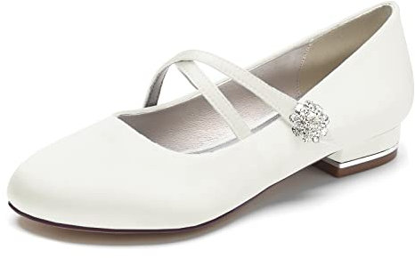 HFWXYSA Womens Rhinestones Bridal Shoes Round Toe Ballet Flats Satin Strap Wedding Bridesmaid Pumps Shoes,Ivory,5 UK
