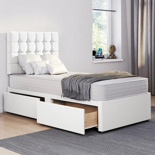 ComfoRest 3FT Single Divan Bed with Mattress, 24 Cubex Headboard, White | British-made sturdy frame, 91.5 x 190.5cm, plush upholstered finish, 2 spacious drawers, ideal for guest and single use