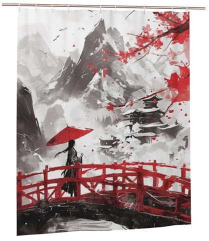 Japon Rideau Douche Imperméable, 200x90cm Rideau de Douche paysage Shower Curtain avec Ourlet Lnférieur Lesté, Rideaux de Douche avec 12 Plastique Crochets, Automne Decoration Maison, Cadeau Femme