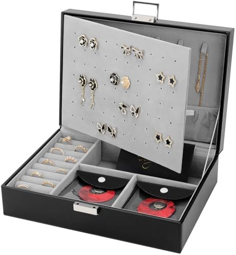 DesignSter Jewellery Box Organiser, Large PU Leather Travel Jewelry Storage Case with 8 Small Jewelry Pockets, Jewellery Organiser for Necklace Earrings Bracelet Ring, Black