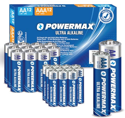Powermax 24 batterie alcaline (12 doppie AA, 12 triple AAA), batterie ultra resistenti per casa e ufficio, durata di 10 anni, confezione richiudibile