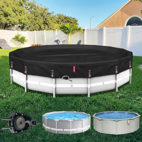 QH.HOME 14 Ft Round Pool Cover with Fast Tightening Patented Ratchet, Solar Pool Covers for Above Ground Pools, One-Piece Tear Resistant Swimming Pool Cover Protector with Upgraded Ultimate Windproof
