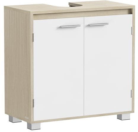 VASAGLE Under Sink Bathroom Cabinet, Under Sink Storage Cabinet, 2 Compartments Behind the Door, Fits Various Washbasins, with Feet, 30 x 60 x 60 cm, Natural Beige and Cloud White BBK506L01