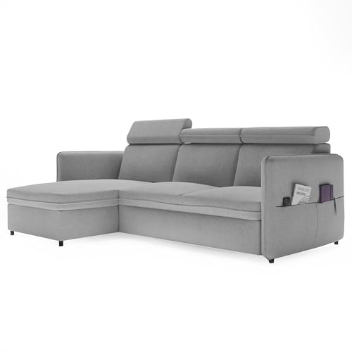 Ecksofa mit Schlaffunktion und Bettkasten 220 x 160 cm Hellgrau | 220 x 160 cm, Hoher Sitzkomfort, Verstellbare Kopfstützen, Wohnen und Schlafen, Integrierter Bettkasten