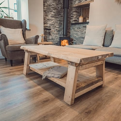 Tribe Joinery Cara Live Edge Coffee Table, Rustic Solid Wood with Storage Shelf, Natural Wood (L100xW40xH45cm)