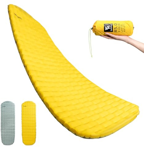 Qunature Camping Sleeping Mat, 5.0 R-Value, 490g Ultralight Inflatable Insulated Sleeping Pad with Pump Sack, 8cm Thick Portable Air Mattress for Backpacking, Hiking, Travel, Outdoor, Yellow, M