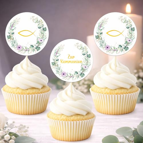 Tortendeko Kommunion, 30 Stück Tortenstecker Cake Topper Kommunion, Fisch Eukalyptus Cupcake Topper Deko Torte, Muffin Deko Erstkommunion für Jungen und Mädchen