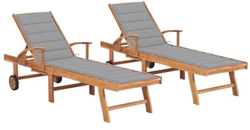 WGYHOME Lot de 2 chaises longues - Gris - Bois massif teck - 195 x 59,5 cm - Dossier réglable (4 niveaux) - Avec coussins en polyester gris - Pour jardin, terrasse et piscine