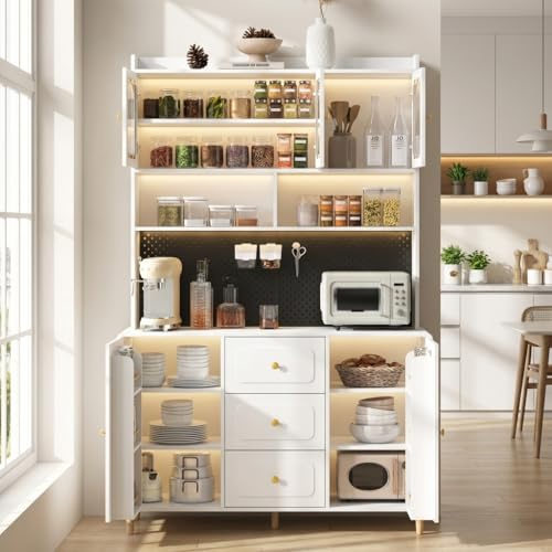 kozamas Küchenschrank mit 3 Schubladen, Buffetschrank Hochschrank mit Lochbrett, Fluted Glastüren & verstellbaren Regalböden, Mehrzweckschrank für Küche und Esszimmer, MDF, 120x40x190 cm, Weiß