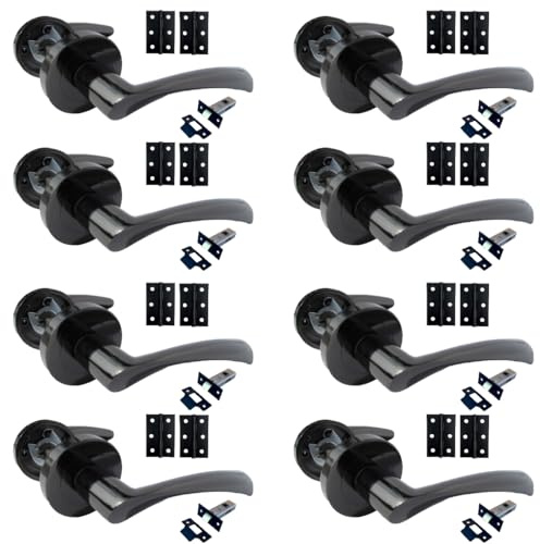 DISCOUNT HARDWARE UK Astrid Door Handle Set, Black Nickel, Round Rose, Twist Lever, with Tubular Latch and Butt Hinges, 8 Pairs