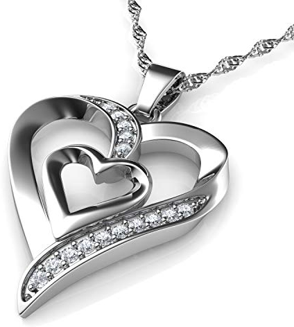 DEPHINI Doppel Herz Anhänger Halskette | Zirkonia | 925 Sterling Silber Herz Halskette | Frauen Schmuck | Geschenke für Frauen