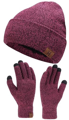 Bequemer Laden Herren Damen Winter Warm Beanie Mütze Touchscreen Handschuhe Set, Thermo Wintermütze Strickmütze Winterhandschuhe mit Fleece Gefüttert, Rose