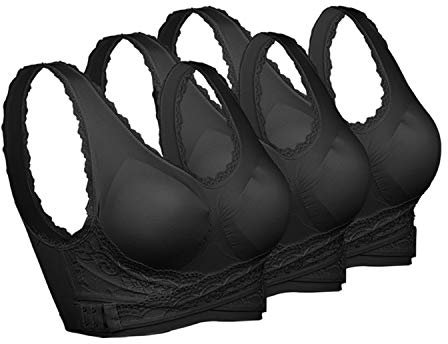 Vertvie Damen Sport BH Spitzen BH Frauen Bustier Lace Bra Dünn Front Closure Push Up Ohne Bügel Top für Yoga Fitness Training Stretch Wohlfühl-BH (L, C-3*Schwarz)