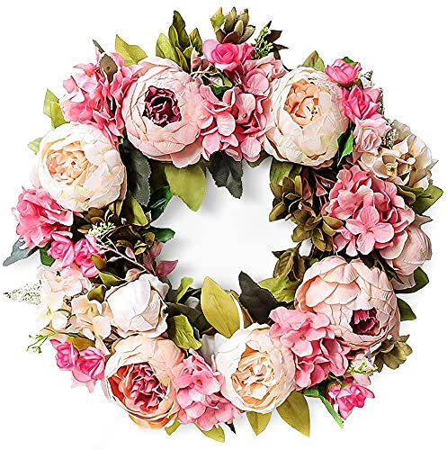 wenyujh Künstliche Blumenkranz Artificial Handgefertigt Blumen Deko Wandkranz Girlande Kunstpflanzen Hängen für Haustür Zuhause Hochzeit Decor Landschaftsbau (40cm, Pink)