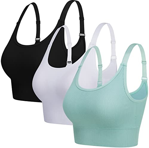 ANGOOL Sport BH Damen Starker Halt Push Up Einstellbarer Schultergurt Sport Bustier Damen Gepolstert Nahtlose Ribbed Ohne Bügel Joggen Yoga Fitness, Schwarz+weiß+grün, XL