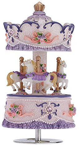 Sasuori Windup 3-horse Carousel Music Box Artware/Gift Melody Castle in the Sky Pink/Purple/Gold Shade for Option