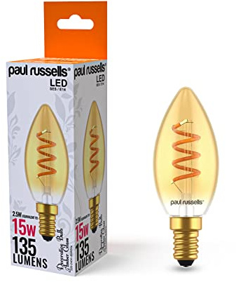 paul russells Spiral Filament LED Candle Small Edison Screw E14 2.5W Vintage Light - Pack of 1 - Replace 15W Extra Warm White 1800K SES C35 Amber Retro Style Decorative Non-Dimmable Bulbs No Flicker
