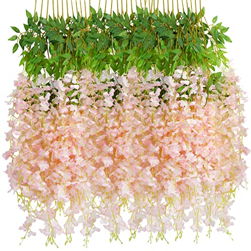 JOFONY 12 Stück Künstliche Glyzinien Blumen,Hell-Pink Glyzinien Girlande Kunstpflanzen,Kunstblumen Hängende Blauregen Seidenblumen Girlande für Hausgarten Hochzeit Dekorationen Party Decor