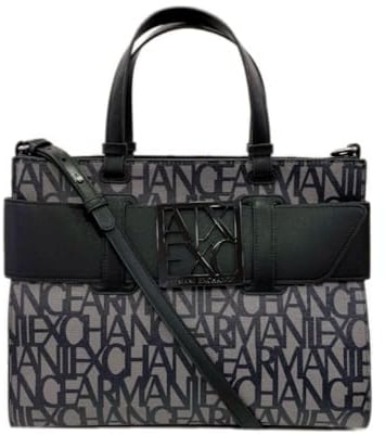 Armani Exchange Women's Large Logo Placket Satchel Bag Big Tote, Beige/Black